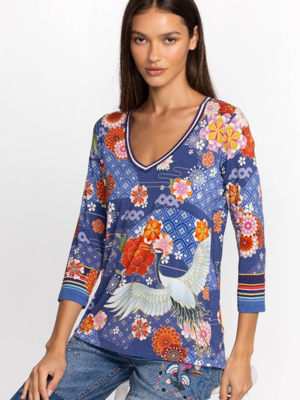 Johnny Was Blue and Pink Pajaro Favorite 3/4 Sleeve V‑Neck Tee SZ M Like New